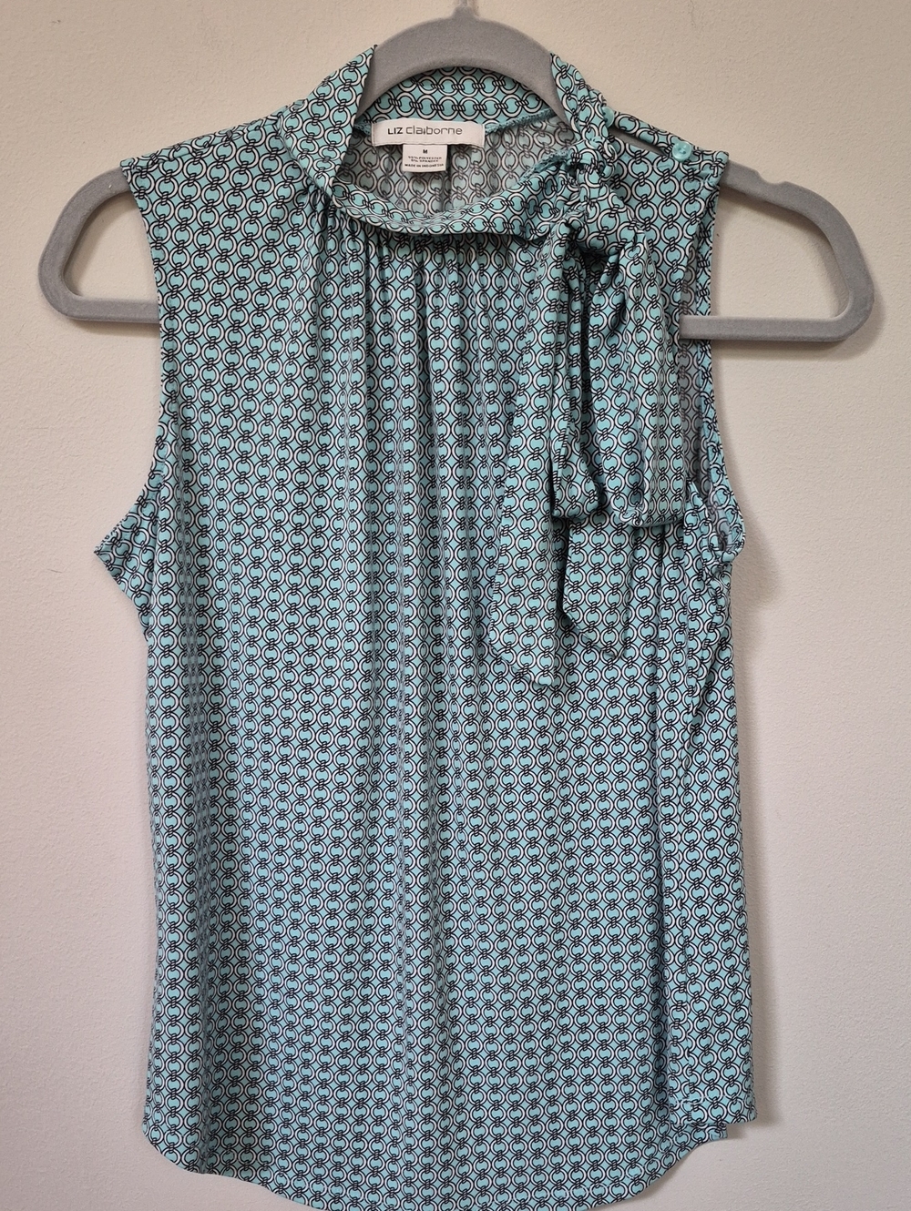 Liz Claiborne Top Turquoise Bow Tie Sleeveless Knit Chain Print Career Modest